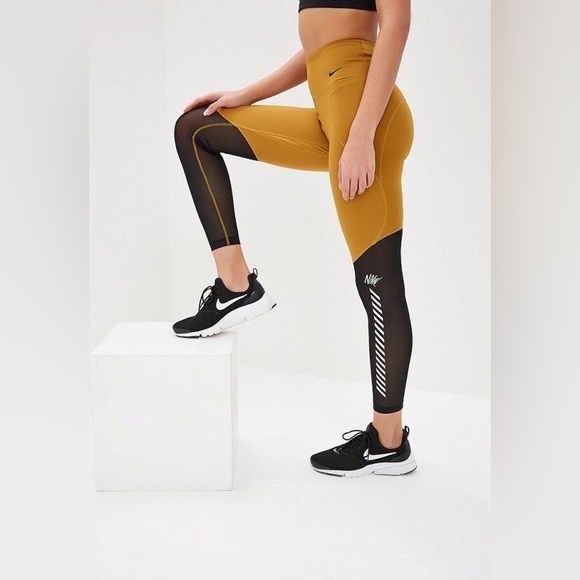 NIKE Dri-Fit High Rise Compression Leggings in Golden Mustard Black Mesh Size XS - Picture 2 of 15